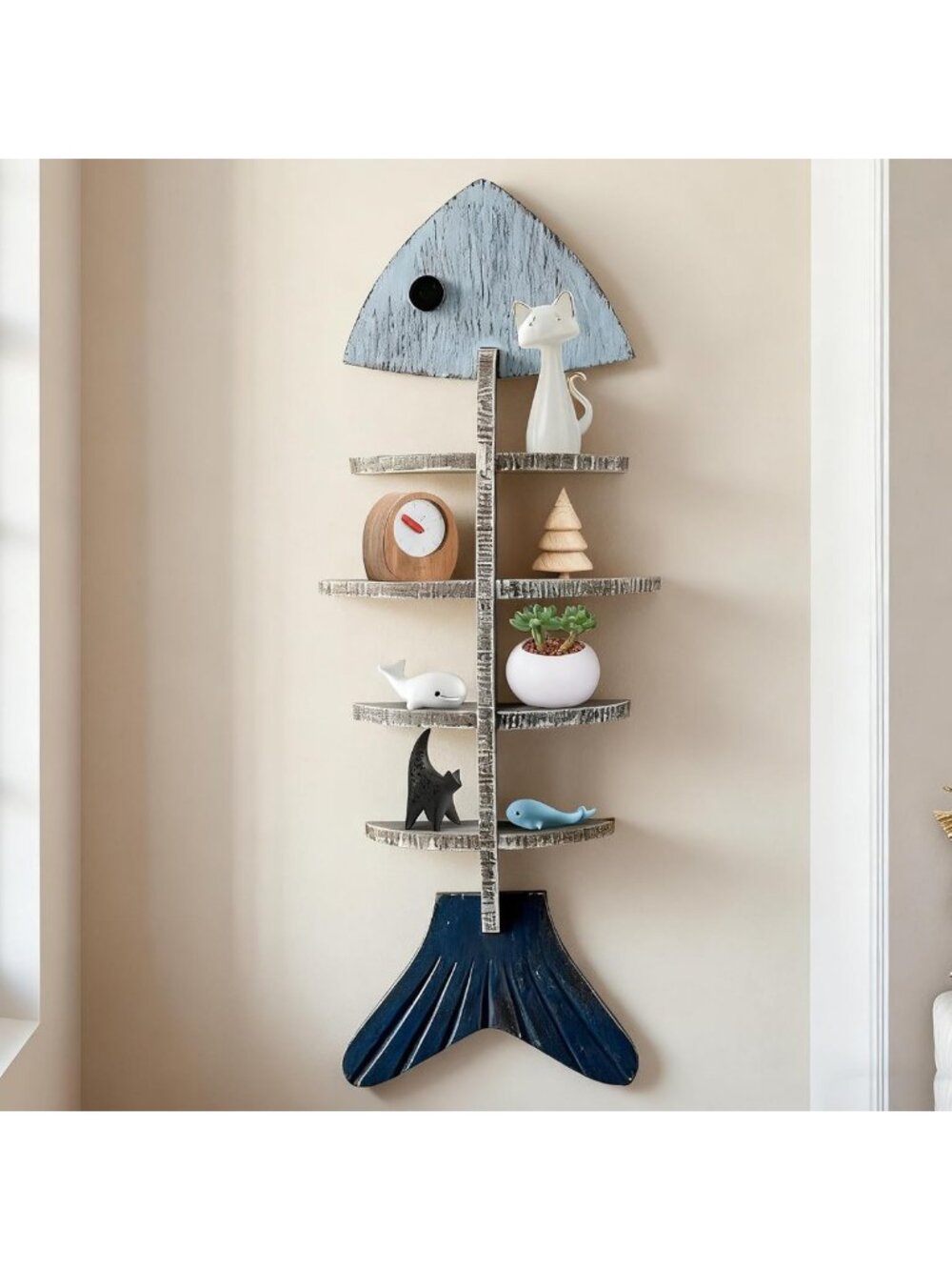 Nautical Wooden Fish Wall Shelf - Coastal Decor for Lake House & Bathroom